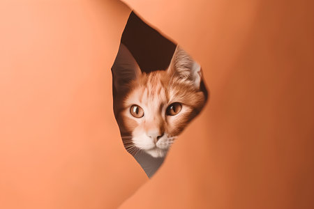Cute ginger cat peeking out of hole in orange paper.の素材