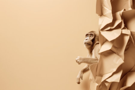 Monkey climbing on crumpled paper with copy space for textの素材