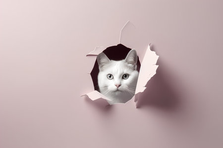 White cat peeking through hole in pink paper. 3d renderingの素材