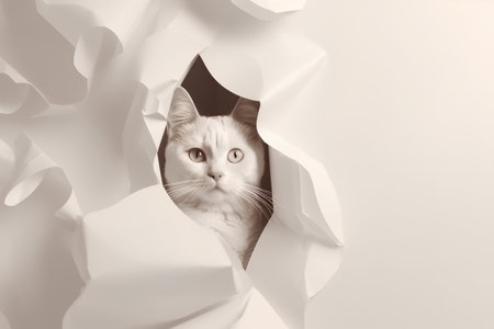 Cute cat peeking through hole in paper, monochromeの素材