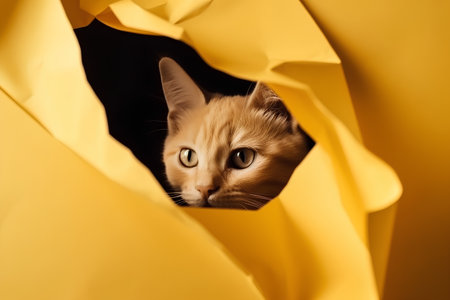 ginger cat peeking through a hole in yellow paper with black backgroundの素材