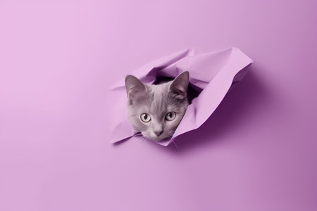 Cat peeking out of a hole in purple paper. Place for text.の素材