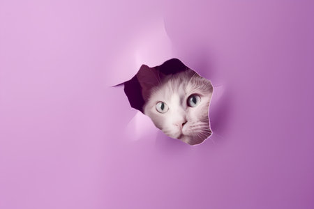 Cute cat peeking out of a hole in a purple paperの素材