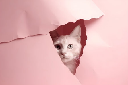 Cute cat peeking through hole in paper. Pink background.の素材