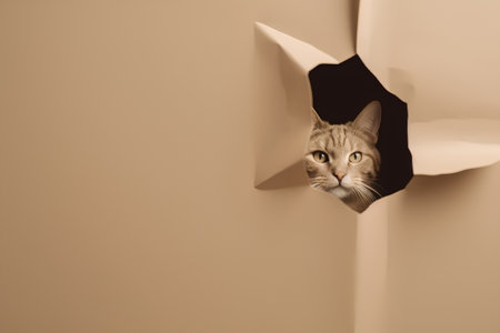 Cute cat peeking through a hole in a paper wall.の素材
