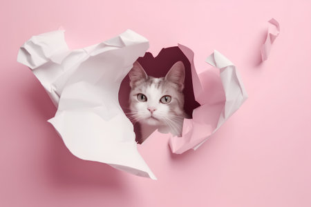 White cat peeking out of a hole in pink paper. Conceptual imageの素材