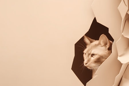 Portrait of a cat through torn paper. Black and white.の素材