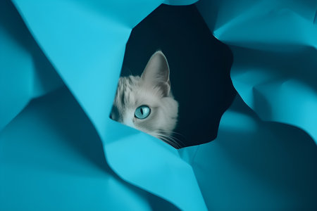 White cat peeking through a hole in blue paper. Blue background.の素材