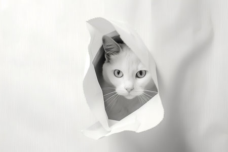 White cat peeking through a hole in white paper, black and whiteの素材