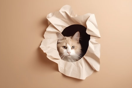 Cute cat peeking out of a hole in paper on brown backgroundの素材