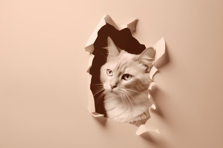 White cat peeking through a hole in brown paper. Animal conceptの素材