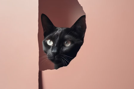 Black cat peeking through a hole in the wall. Animal portrait.の素材