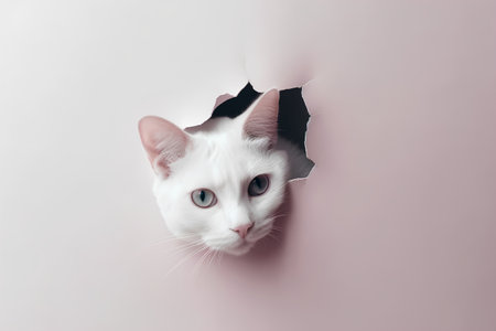 White cat peeking through a hole in the wall. Minimal conceptの素材