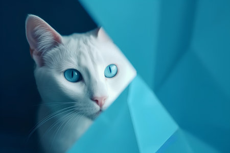 White cat with blue eyes peeking out of paper hole. Blue backgroundの素材
