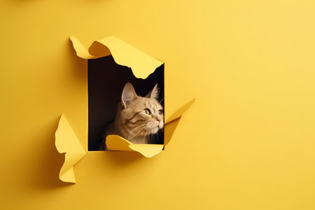 Cute cat peeking through hole in yellow paper. Minimal concept.の素材