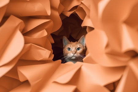 Cute ginger cat peeking through a hole in orange paper.の素材