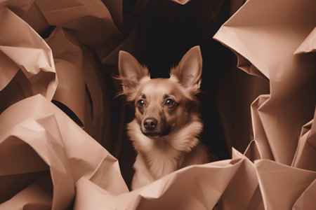 Cute chihuahua dog looking through crumpled paperの素材