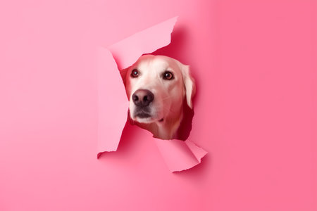 Labrador retriever dog peeking through hole in pink paper.の素材