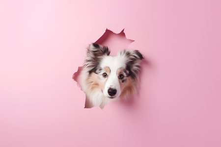 Portrait of border collie dog looking through hole in pink paperの素材