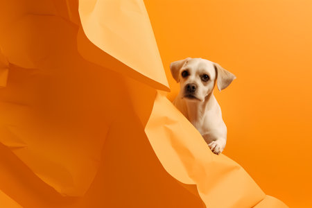 Labrador retriever dog peeking out of a hole in orange paperの素材