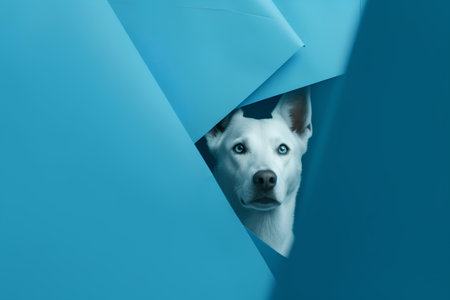 White dog peeking through hole in blue paper. Blue background.の素材