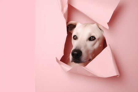 White dog peeking through hole in pink paper. Animal concept.の素材