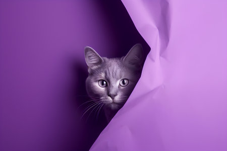 Funny cat peeking out of a hole in purple paper.の素材