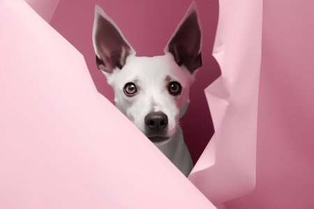 Portrait of a white dog peeking out of a hole in pink paperの素材