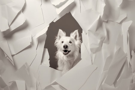 Portrait of border collie dog peeking through hole in paperの素材