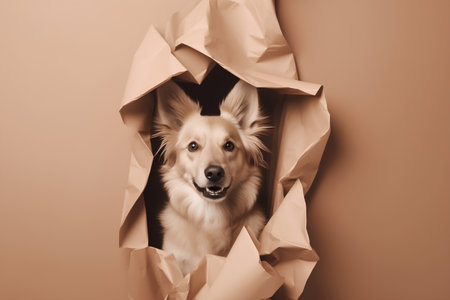 Cute border collie dog peeking out of a hole in paperの素材