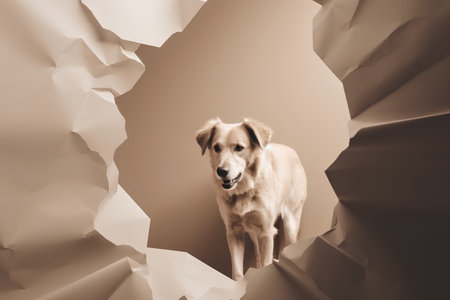 Dog looking through hole in paper, monochrome color, square formatの素材