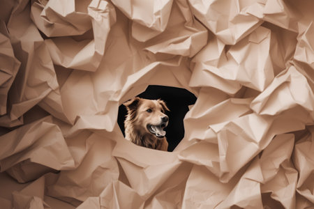 dog peeking out of a hole in crumpled paper.の素材