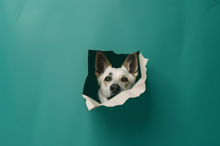 Cute dog peeking out of hole in green paper background.の素材