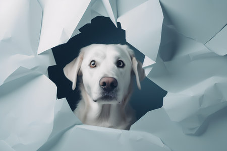 Portrait of a cute golden retriever looking through hole in white paperの素材