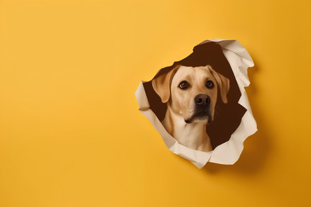 Dog peeking out of hole in paper. Yellow background with copy spaceの素材