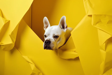 French bulldog peeking out of a hole in torn yellow paperの素材