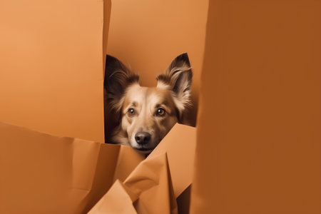 Funny dog peeking out of hole in orange paper, looking through holeの素材