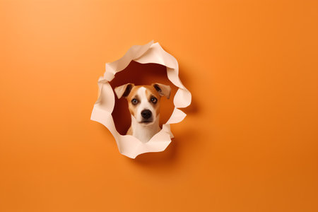 Cute Jack russell terrier dog peeking through hole in orange paperの素材