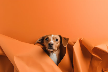 Dog peeking out of a hole in orange paper. Copy space.の素材