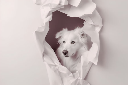 White border collie dog peeking through hole in white paper.の素材