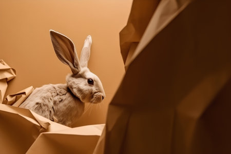 Easter bunny in paper hole on brown background. Copy space.の素材