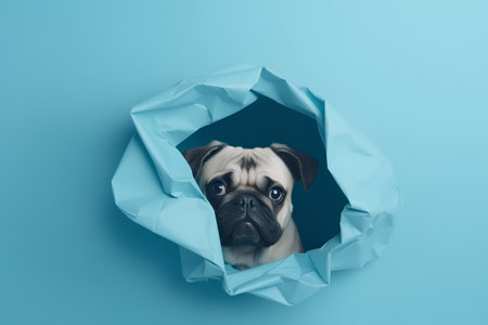 Cute pug dog peeking through a hole in blue paperの素材