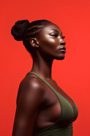 Fashion portrait of beautiful african american woman on red backgroundの素材