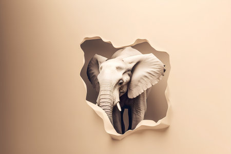 Elephant peeking through hole in paper. 3d illustration.の素材