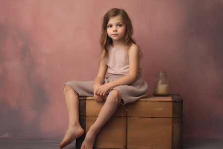 Little girl sitting on a wooden box. Studio shot. Childhood.の素材