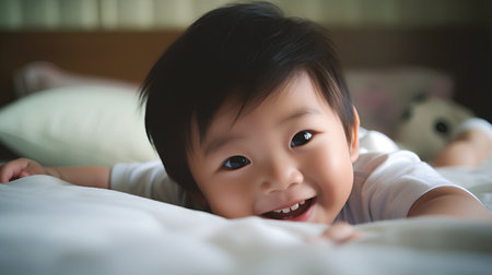 Cute asian baby girl lying on the bed and smiling.の素材