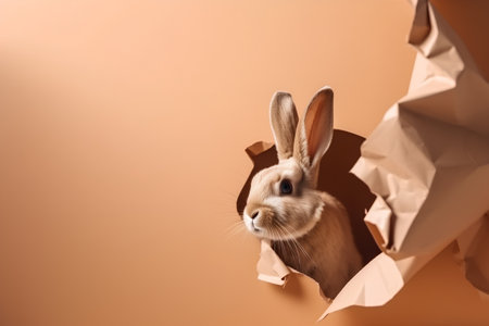 Rabbit coming out of a hole in brown paper. Easter conceptの素材