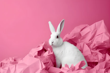 White rabbit sitting in crumpled paper on pink background. Easter holiday conceptの素材