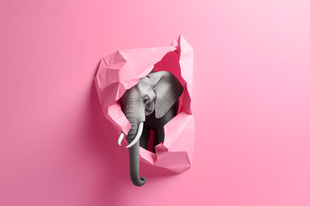 Elephant in torn paper hole on pink background. Minimal creative conceptの素材