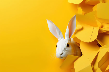 White rabbit peeking out of a hole in yellow paper. 3d renderingの素材